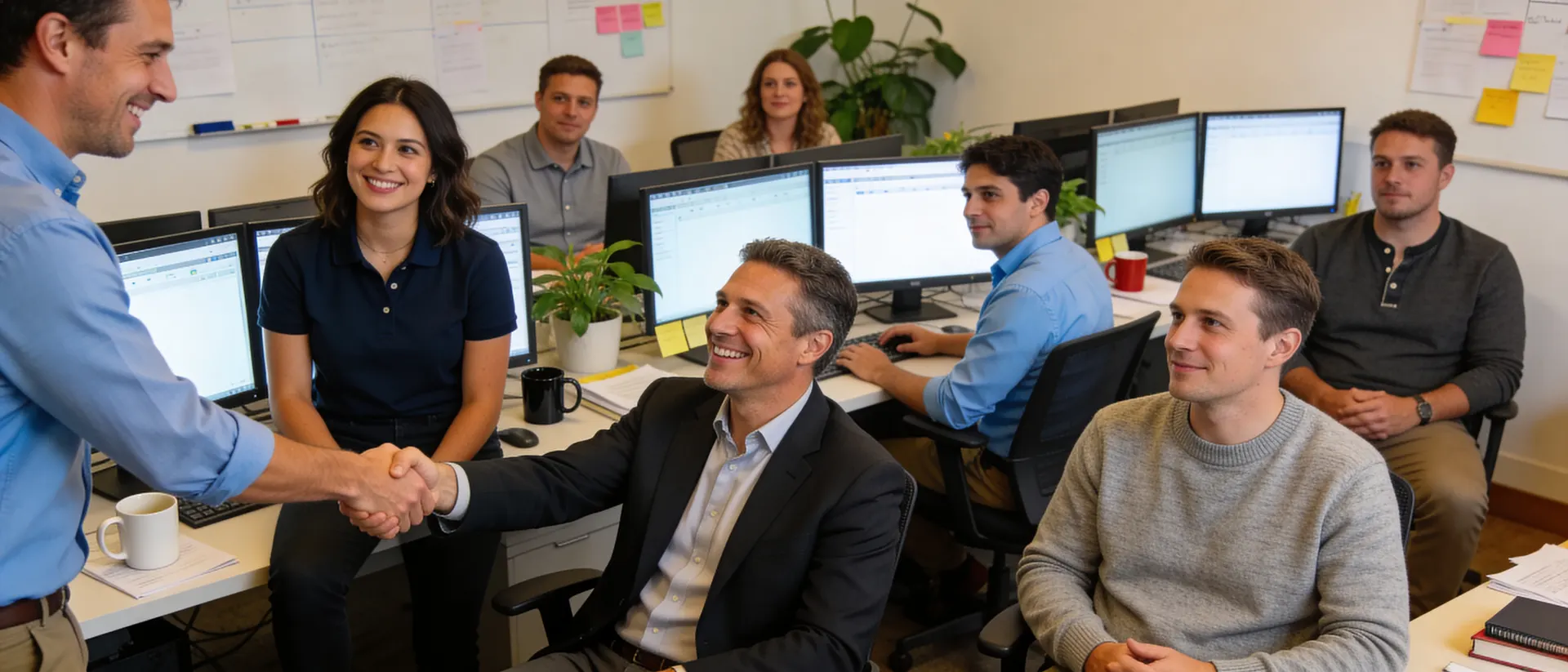 Facet MSP engineer warmly shaking hands with a small-business client across a desk in a bright office