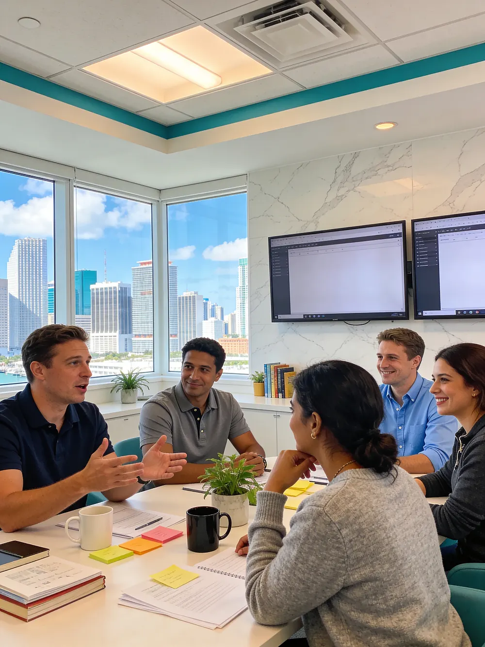 Diverse Miami team in a Brickell conference room overlooking Biscayne Bay during a friendly daytime meeting