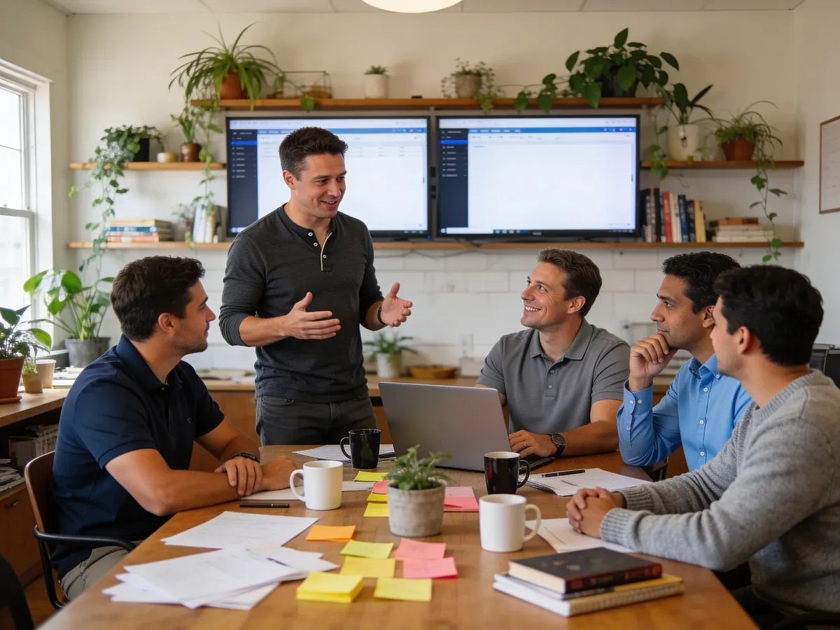 IT consultant and two clients collaborating around a laptop in a bright conference room