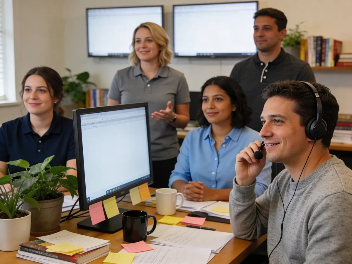 Helpdesk technician wearing a headset, smiling while helping a caller in a warmly lit office